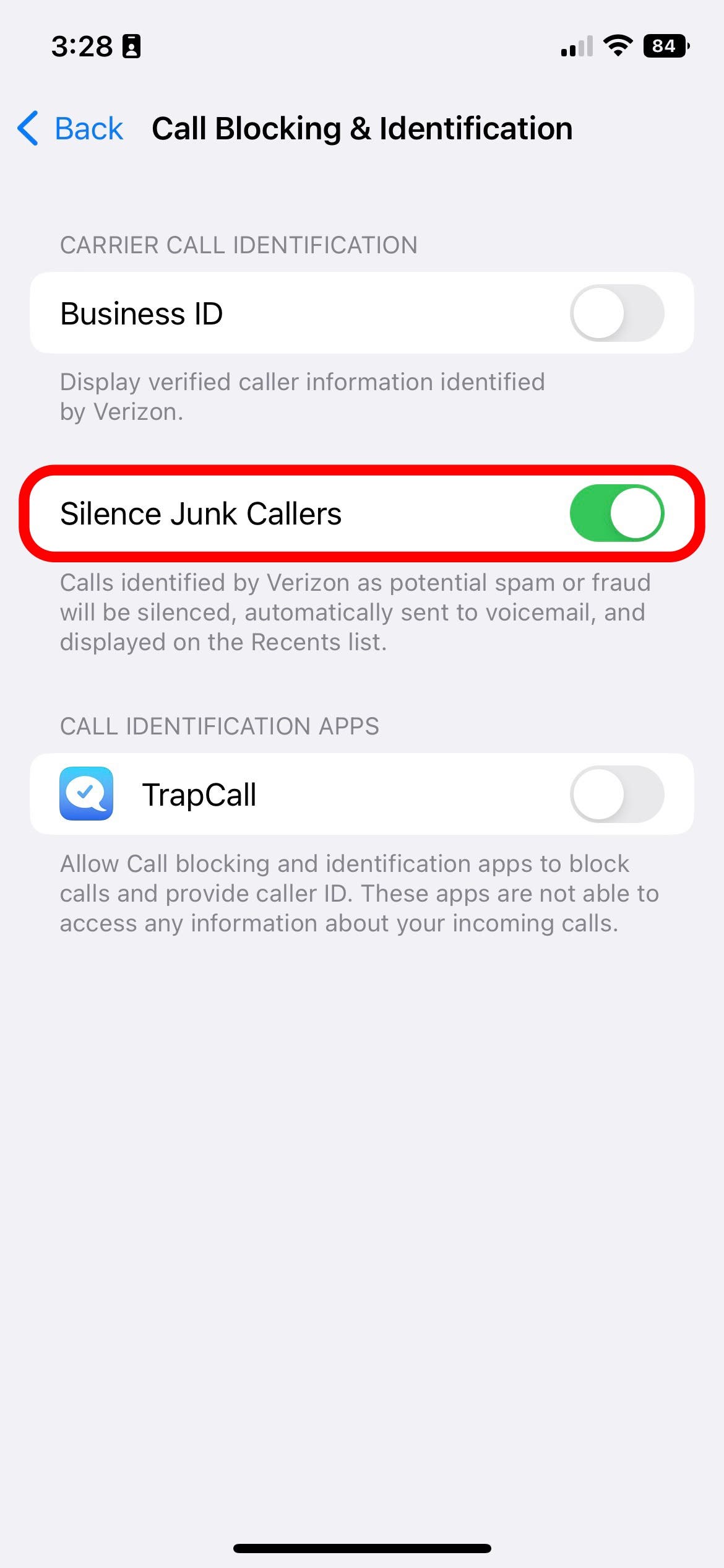 Toggle Silence Junk Callers on. It will be green when enabled. 