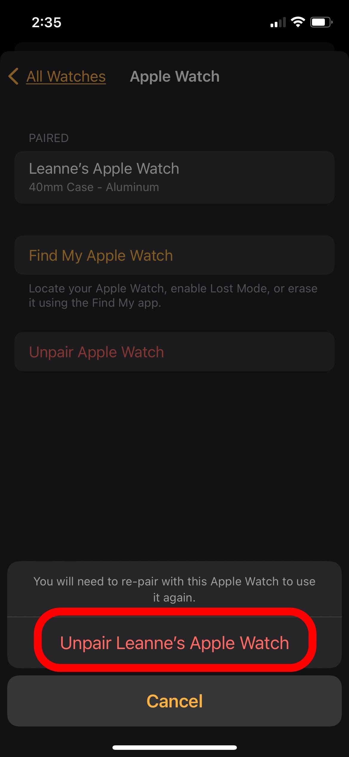 Disconnecting apple 2024 watch from iphone