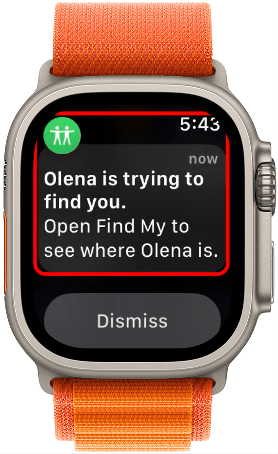 apple watch notification displaying a message that a friend is trying to locate you