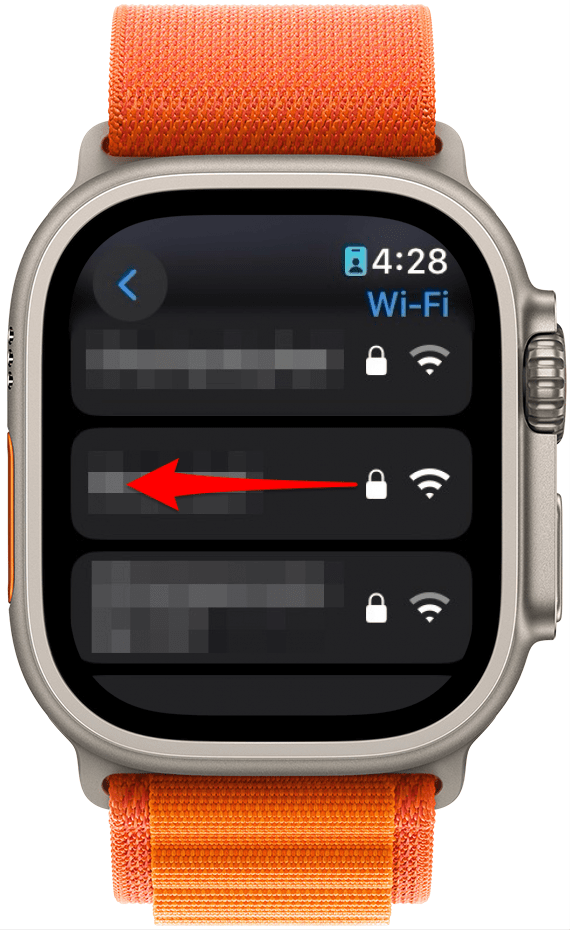 apple watch wi fi networks list with a red arrow pointing to the left, indicating to swipe left