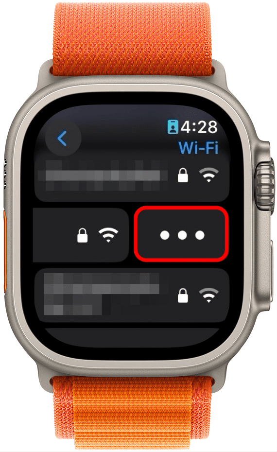 apple watch wi fi networks list with a red box around the three dot menu button