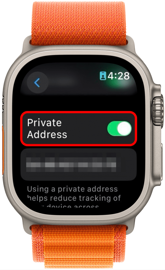 apple watch wi fi network settings with private address toggle cirlced in red