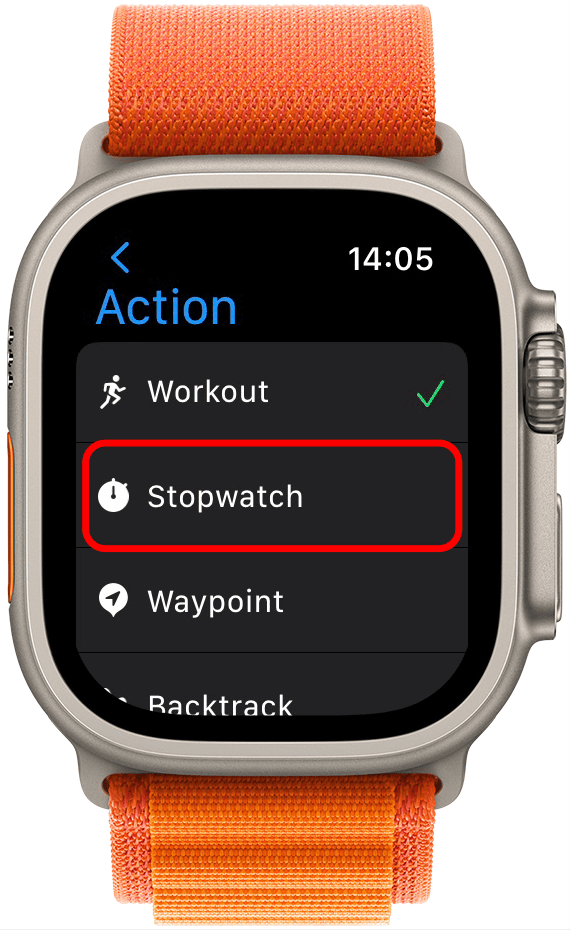 Stopwatch is a great option to pick from the Action Button menu.