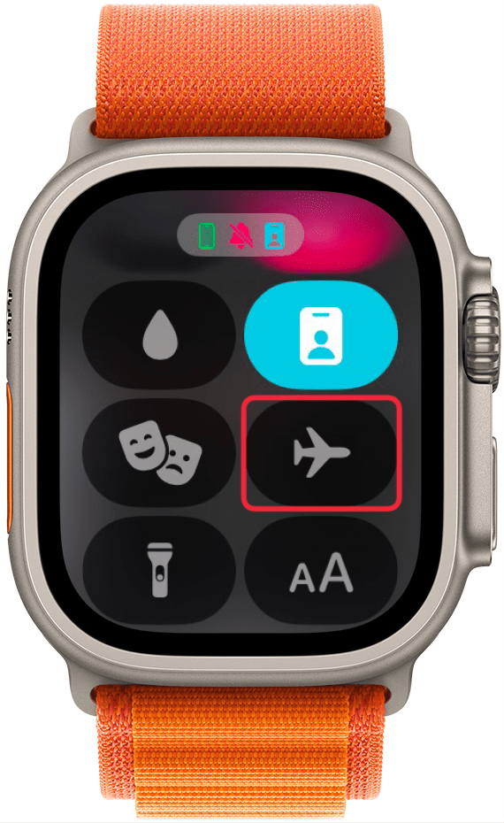 apple watch control center with a red box around a gray airplane icon