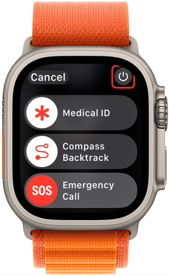 apple watch power options menu with a red box around the power icon