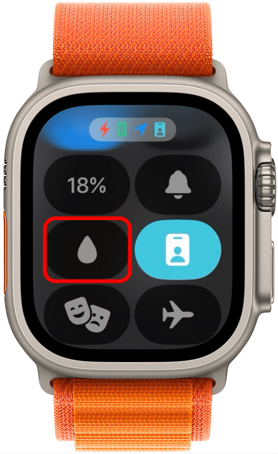 apple watch control center with water lock button (a water drop icon) circled in red