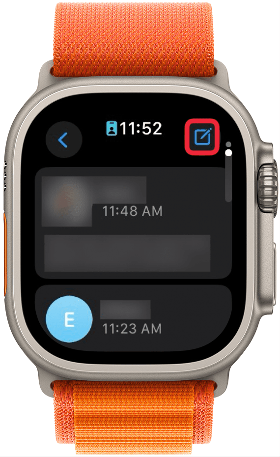 apple watch messages app with a red box around new message button