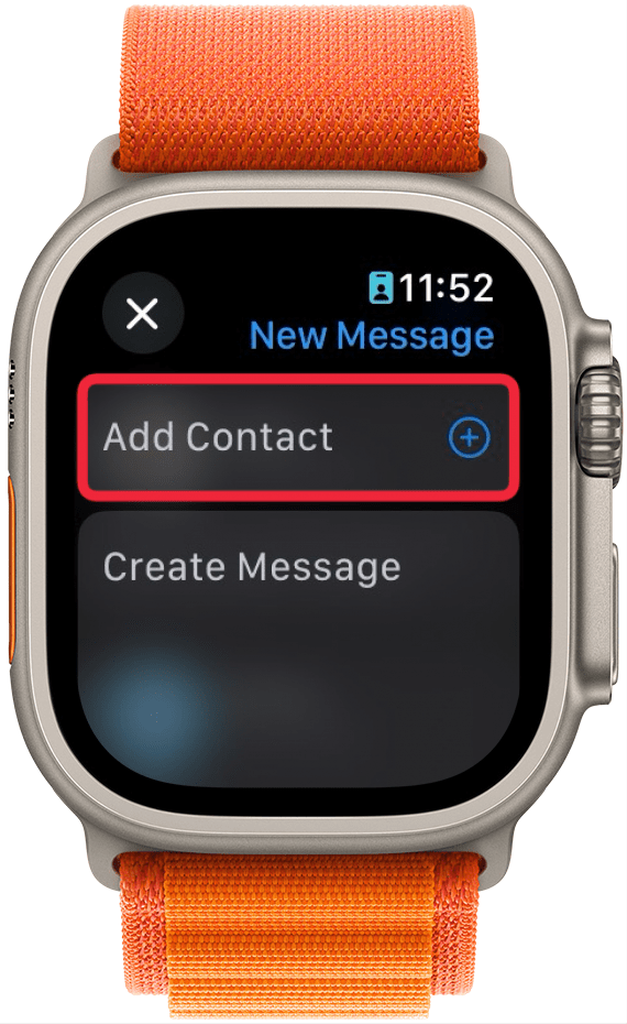 apple watch messages app with a red box around add contact button