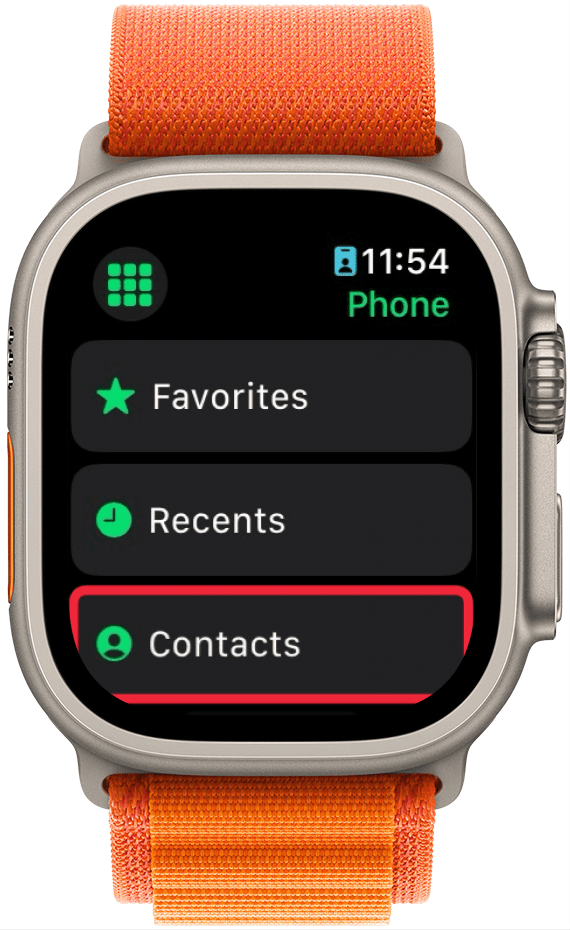 apple watch phone app with a red box around contacts button