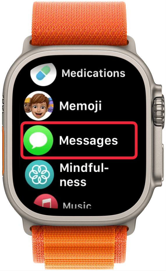 apple watch app list with a red box around messages app