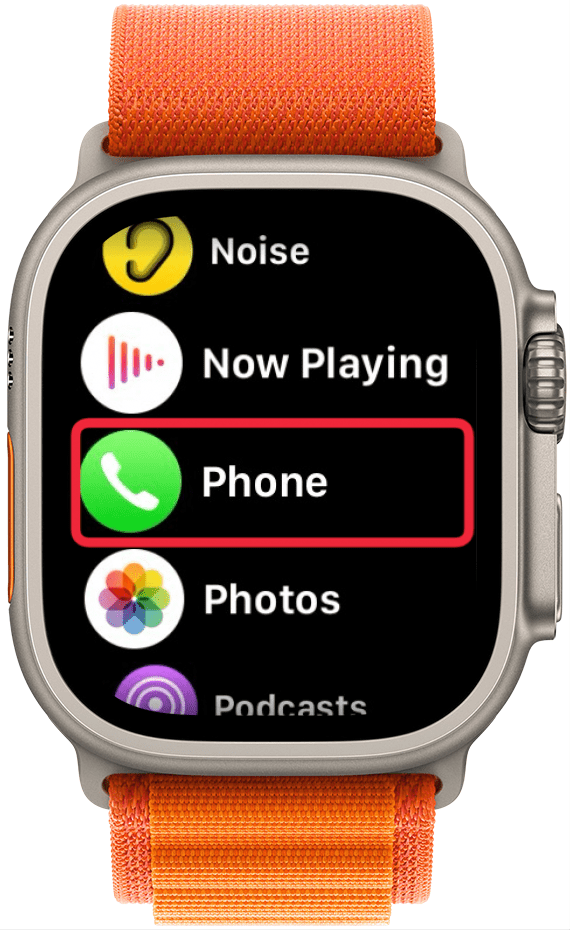 apple watch app list with a red box around phone app