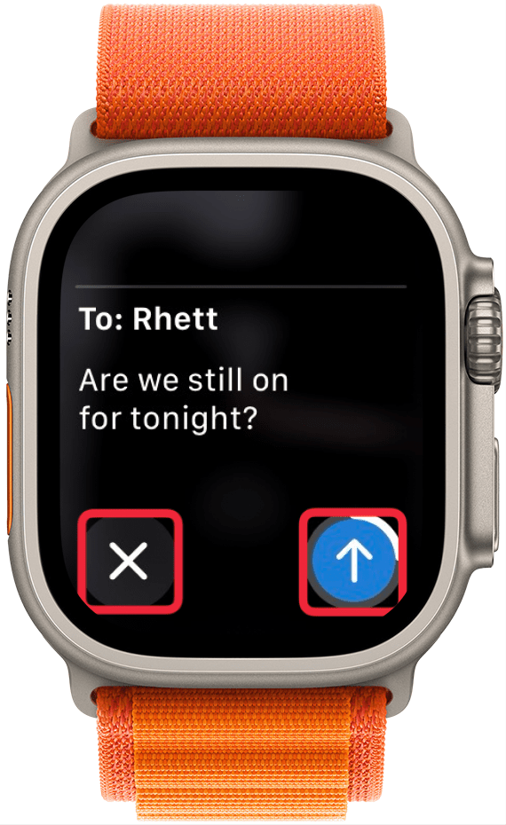 apple watch siri send text interface with red boxes around cancel and send buttons