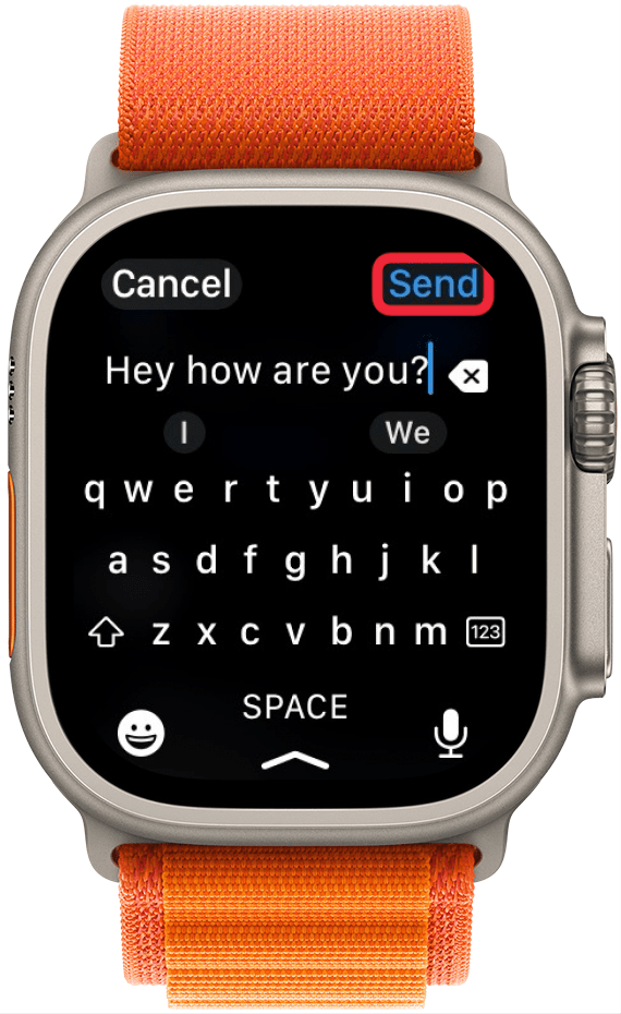 apple watch messages displaying keyboard with a red box around send button