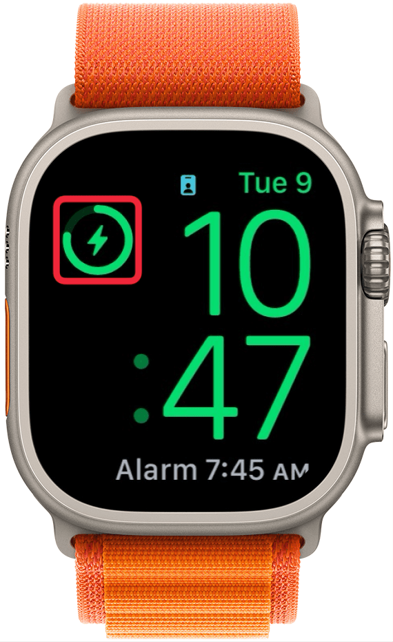 apple watch charge screen with a red box around charging icon