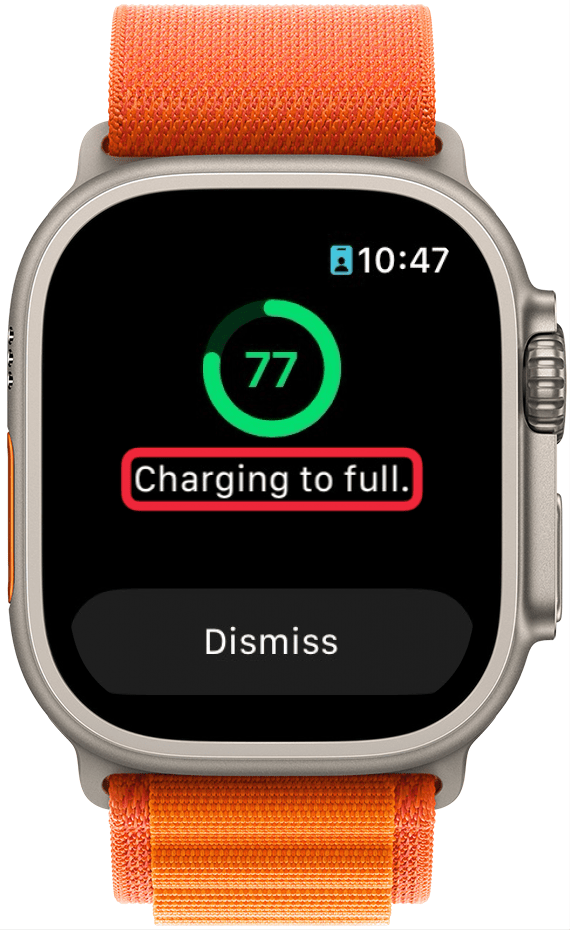 apple watch charging screen displaying 77% with a message that the watch is charging to full