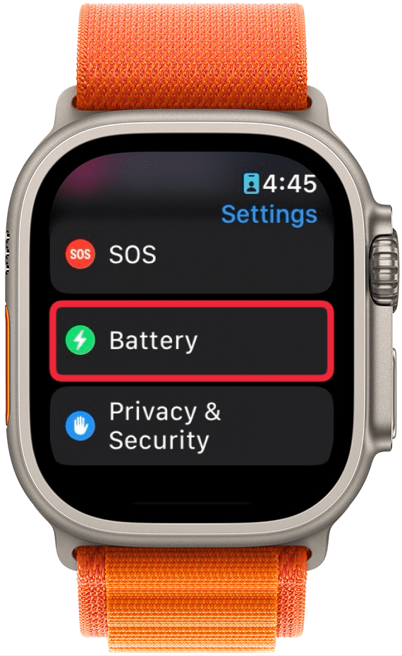 apple watch settings screen with a red box around battery