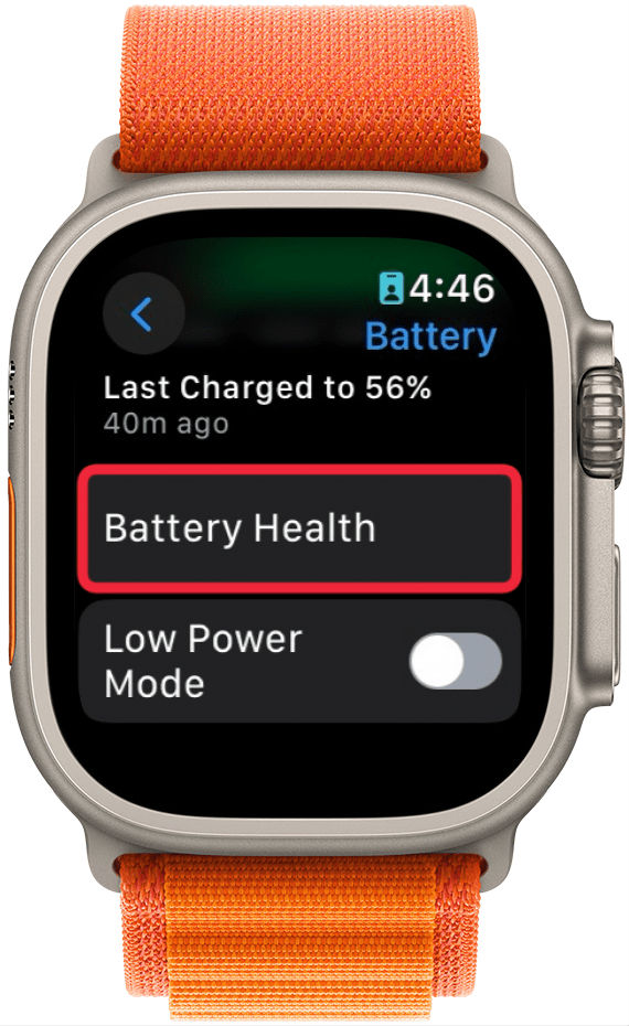 apple watch battery settings with a red box around battery health 