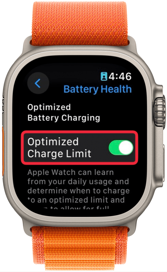 apple watch battery health settings with a red box around optimized charge limit toggle