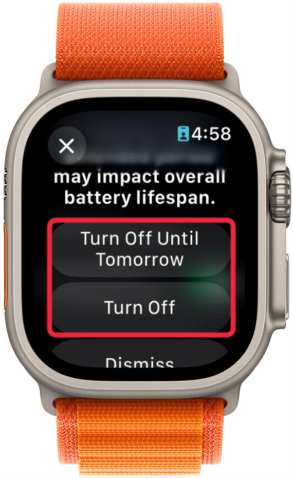 apple watch optimized battery charging screen with a red box around the options, "turn off until tomorrow" and "turn off"