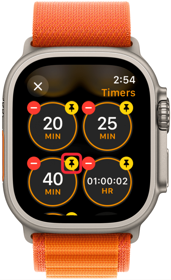 Tap the pin icon on any timers you wish to pin to the top of the Timers app.