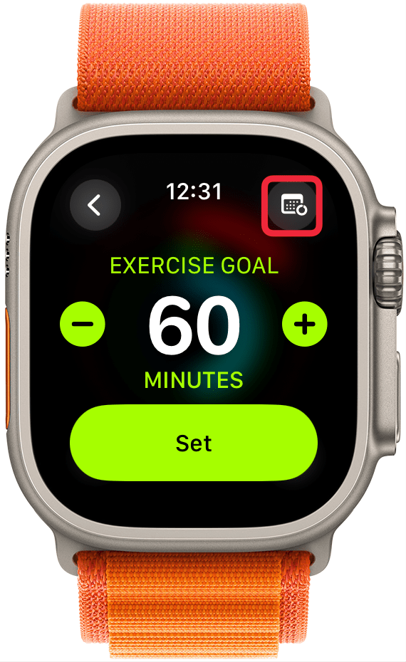 Next, you'll be taken to Exercise goal minutes. Tap the calendar icon at the top right of your screen and follow the same steps you took to customize the Move goal calories.