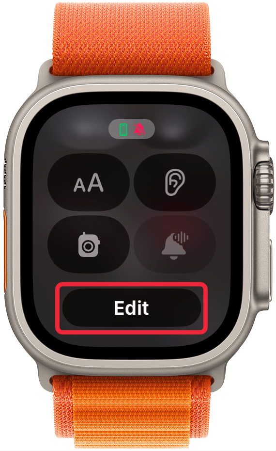 You'll now see your Apple Watch Control Center, including various icons, buttons, and connectivity symbols. To rearrange or edit your Apple Watch Control Center, scroll to the bottom and tap Edit.