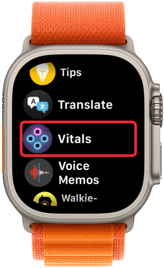 apple watch app list with a red box around vitals app