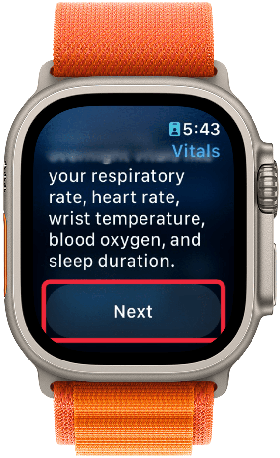 apple watch vitals app intro screen with a red box around next button