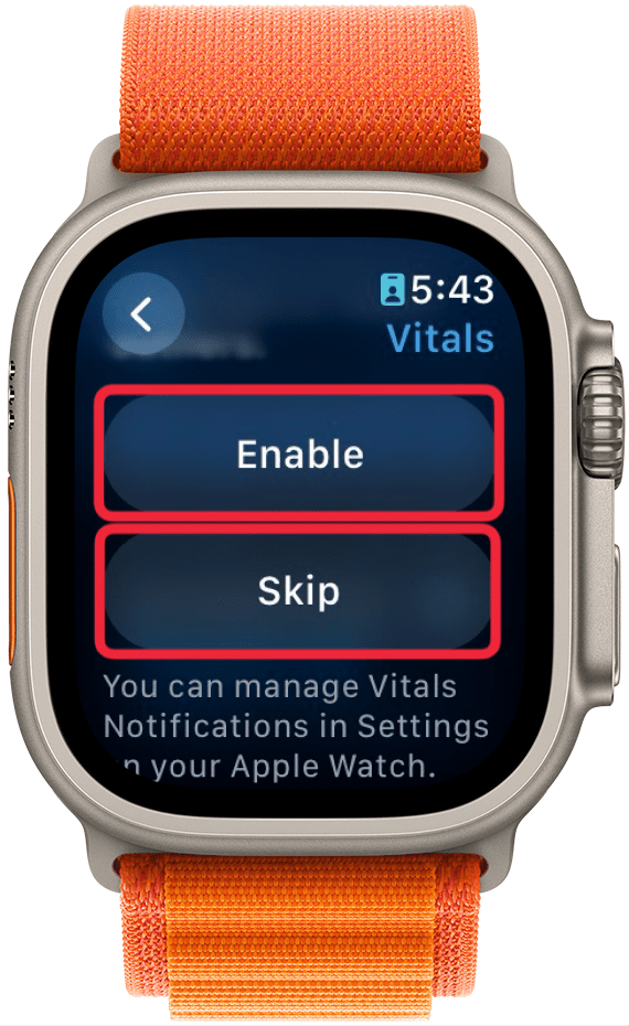 apple watch vitals app intro screen with a red box around enable and skip buttons