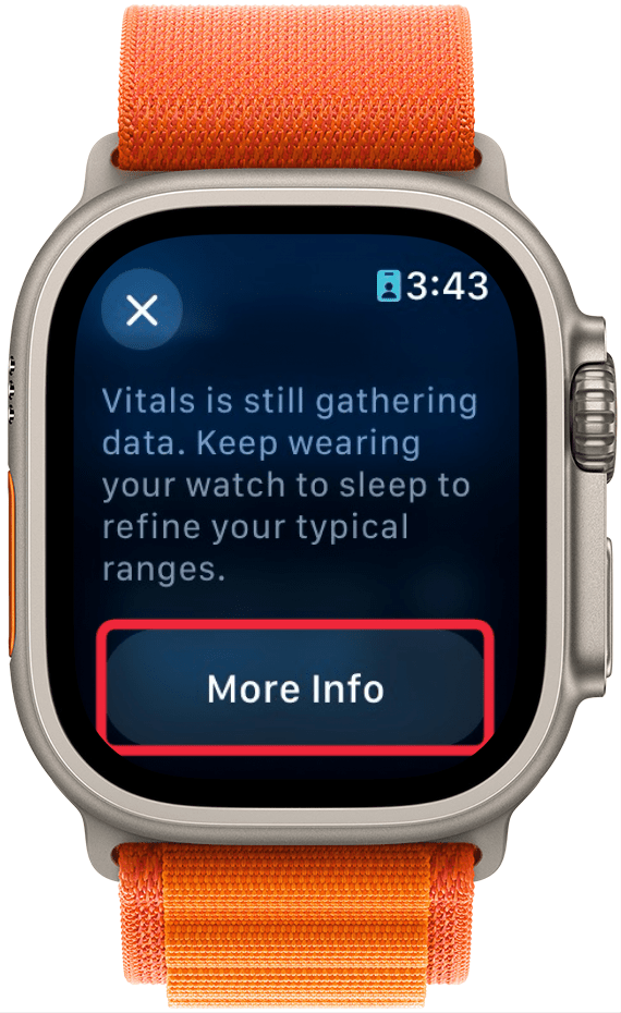 apple watch vitals app displaying an explanation about overnight vitals, with a red box around more info button