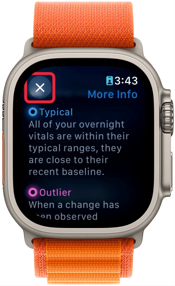 apple watch vitals app displaying an explanation about typical and outlier vitals with a red box around x icon to close the screen