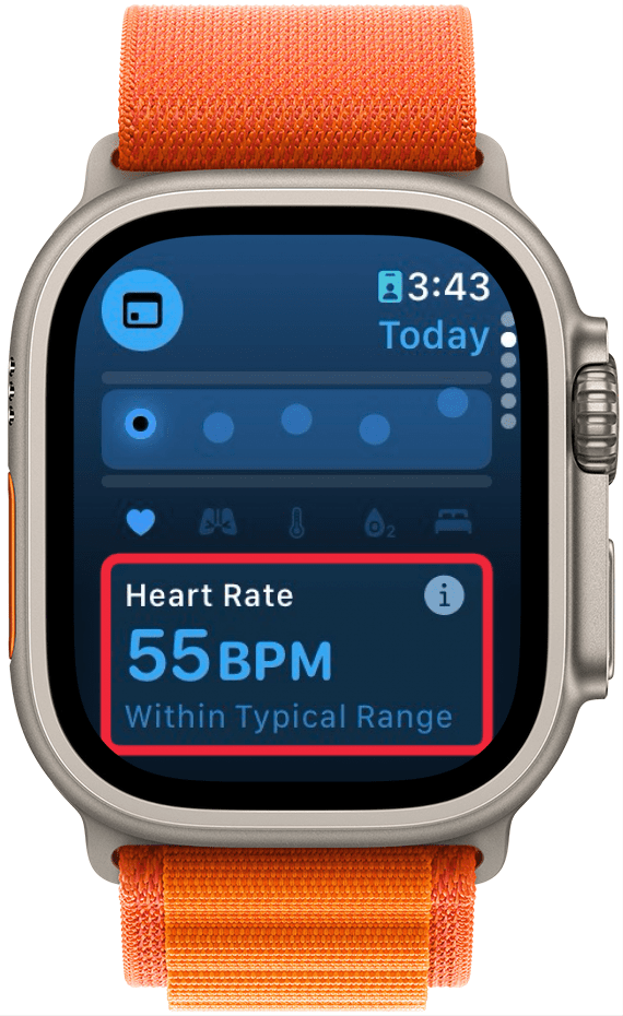 apple watch vitals app with a red box around heart rate