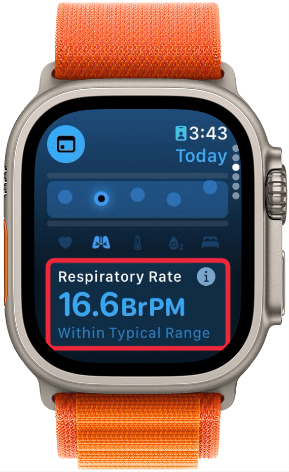 apple watch vitals app with a red box around respiratory rate