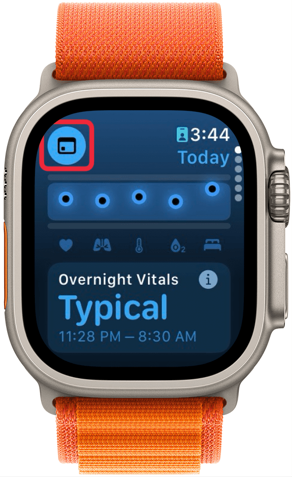 apple watch vitals app with a red box around calendar icon