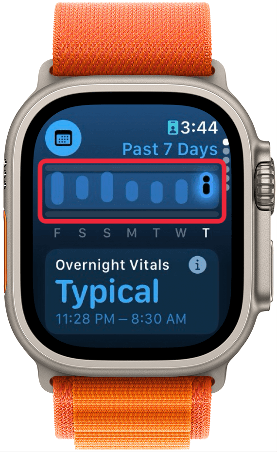 apple watch vitals app with a red box around a 7 day graph showing vitals data over the past week