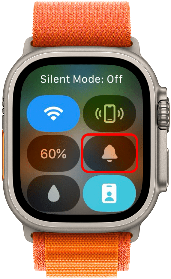 apple watch control center with gray, disabled silent mode button circled in red