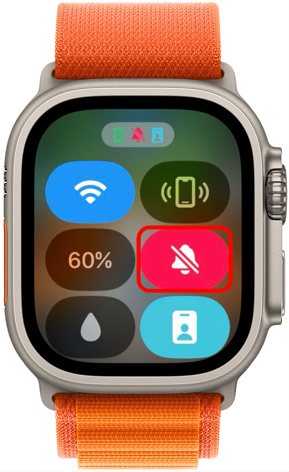 apple watch control center with red, enabled silent mode button circled in red