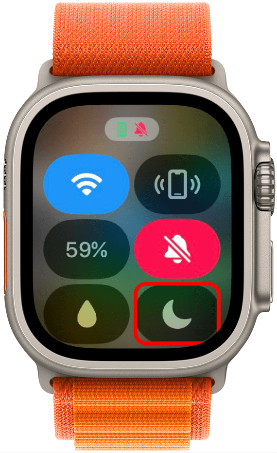 apple watch control center with gray, disabled do not disturb button circled in red