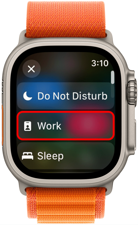 apple watch focus selector with work focus circled in red