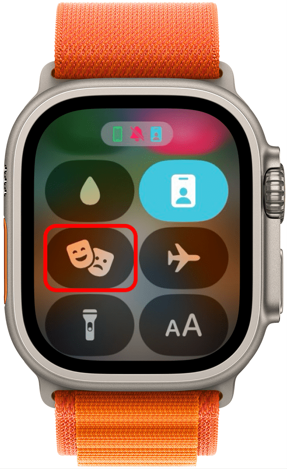 apple watch control center with gray, disabled theater mode button circled in red