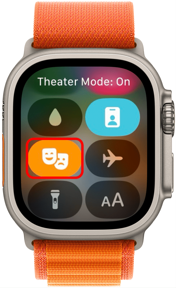 apple watch control center with orange, enabled theater mode button circled in red