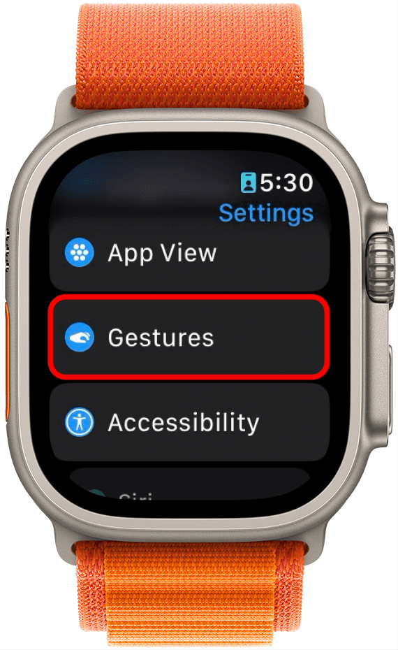 apple watch settings app with gestures circled in red