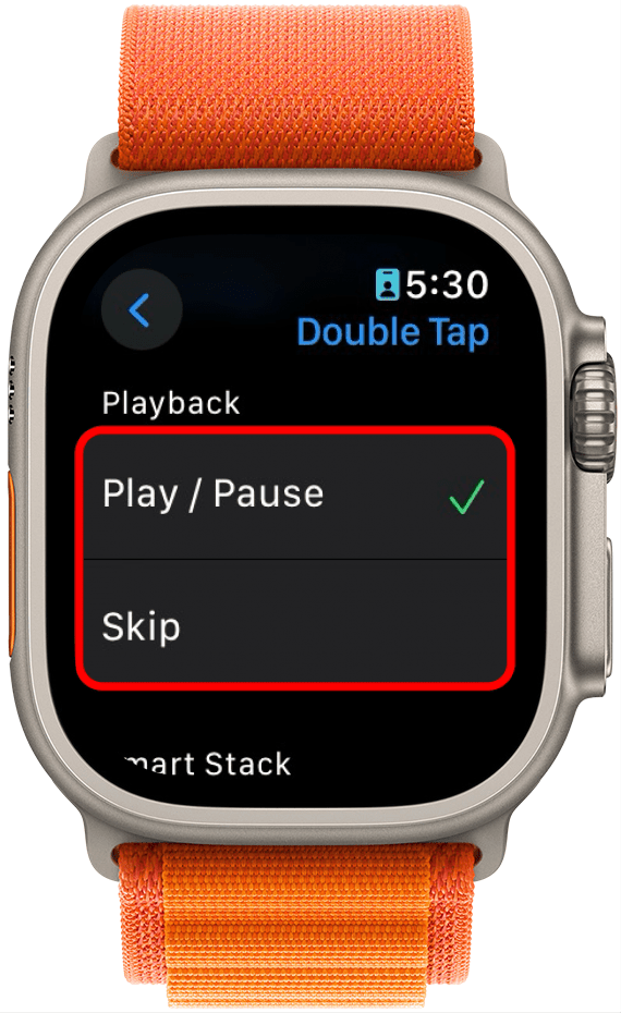 apple watch double tap settings with playback menu options (play/pause and skip) circled in red