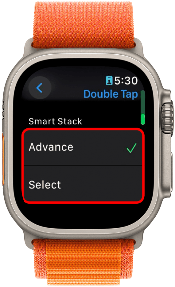 apple watch double tap settings with smart stack menu options (advance and select) circled in red