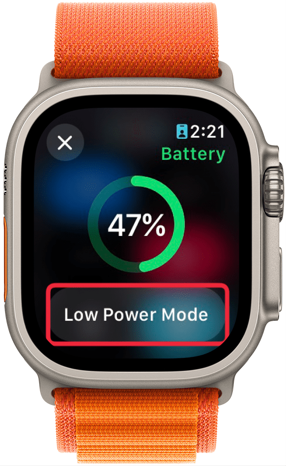 apple watch battery meter with a red box around low power mode button