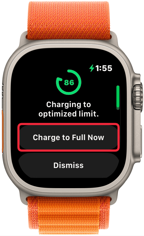 apple watch charging screen displaying 86% with a message that the watch is charging to optimized limit, with a red box around charge to full now button