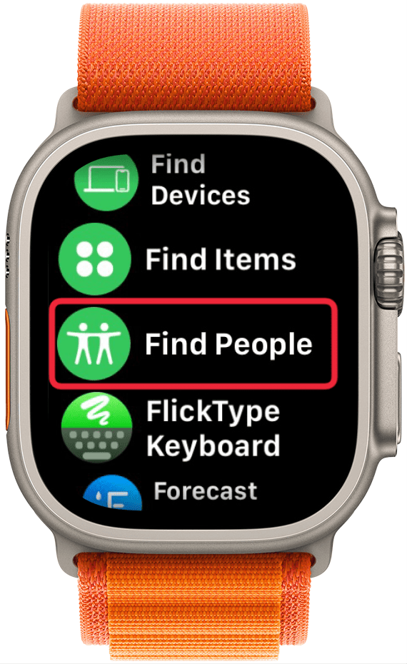 apple watch app list with a red box around find people app