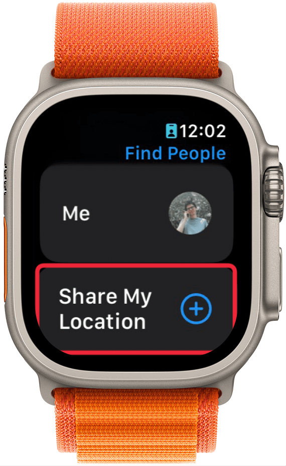 apple watch find people app with a red box around share my location button