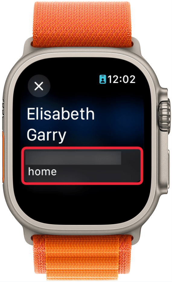 apple watch find people share location screen displaying contact details with a red box around a phone number