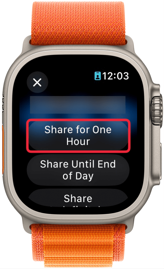 apple watch find people share location screen with a red box around the share for one hour option